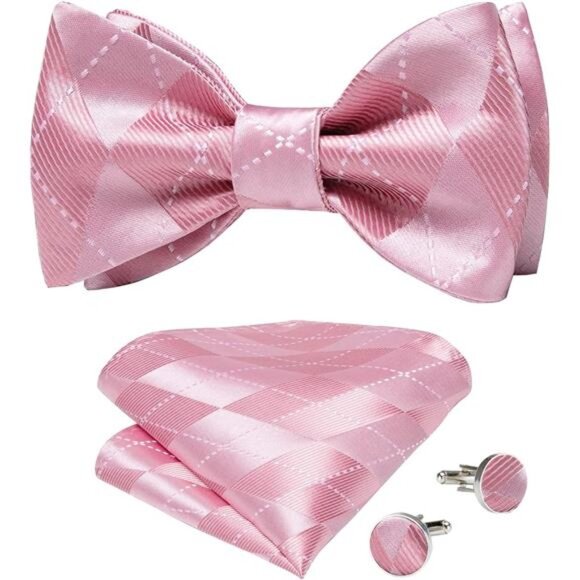 Men Bow Tie Paisley Striped Pink Plaid - Picture 1 of 6